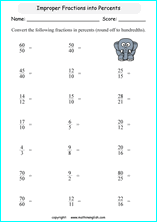 printable fraction conversion in percents worksheets for kids in primary and elementary math class 