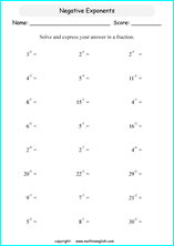  exponents of negative numbers math worksheets for grade 1 to 6 