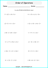 order of operations with positve and negative integers worksheets for grade 1 to 6 