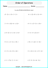 order of operations with positve and negative integers worksheets for grade 1 to 6 