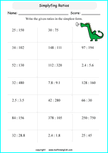 simplifying ratios math worksheets for grade 1 to 6 
