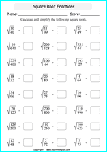 square roots of fractions math worksheets for grade 1 to 6 