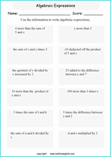 writing algebraic expressions worksheets for primary math