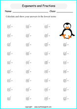  exponents of fractions and decimals math worksheets for grade 1 to 6 