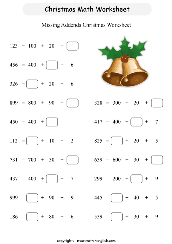 Printable christmas missing addends activity worksheet for kids