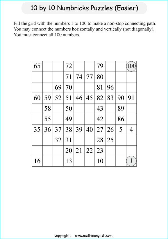 printable 10 by 10 Numbrix IQ number puzzle for kids