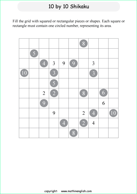 printable 10 by 10 Shikaku logic puzzle for kids