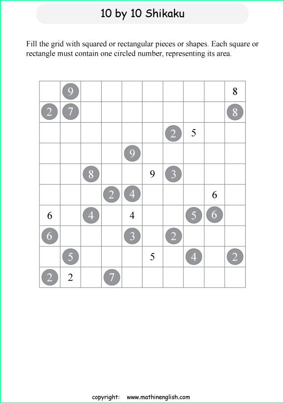 printable 10 by 10 Shikaku logic puzzle for kids