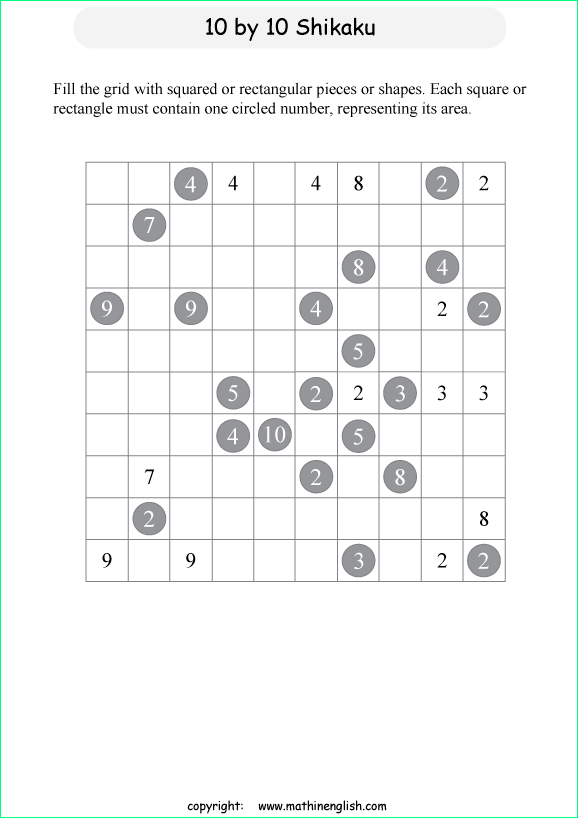 printable 10 by 10 Shikaku logic puzzle for kids