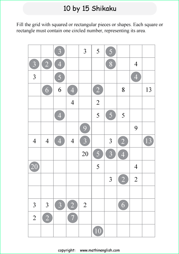 printable 10 by 15 Shikaku logic puzzle for kids