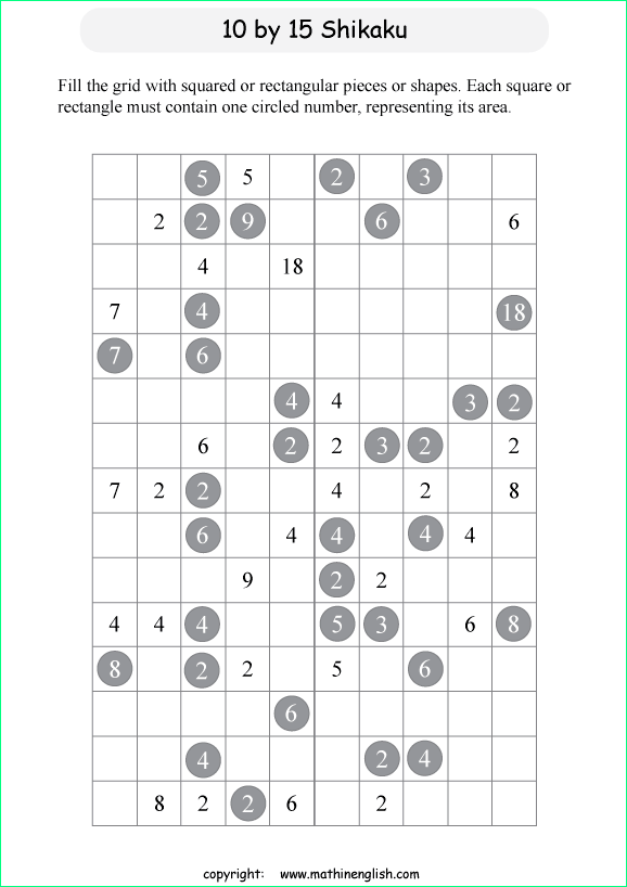 printable 10 by 15 Shikaku logic puzzle for kids