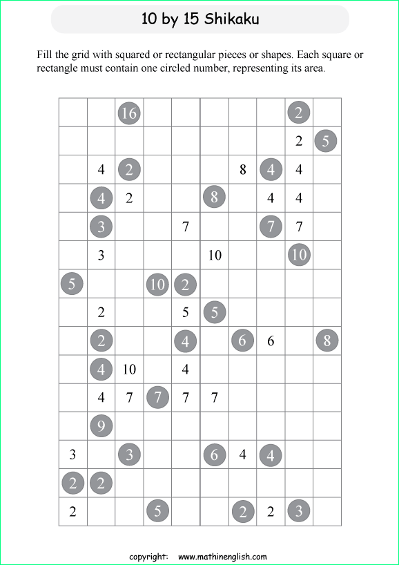 printable 10 by 15 Shikaku logic puzzle for kids