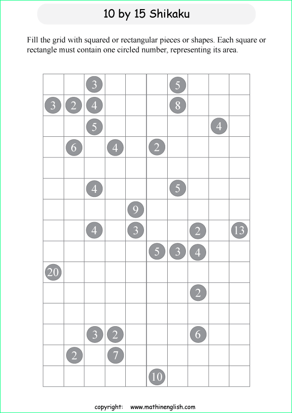 printable 10 by 15 Shikaku logic puzzle for kids