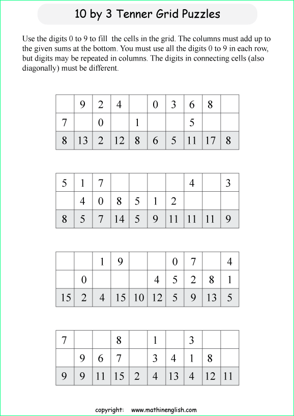 printable 10 by 3 Tenner grids math number and IQ puzzle for kids and math students