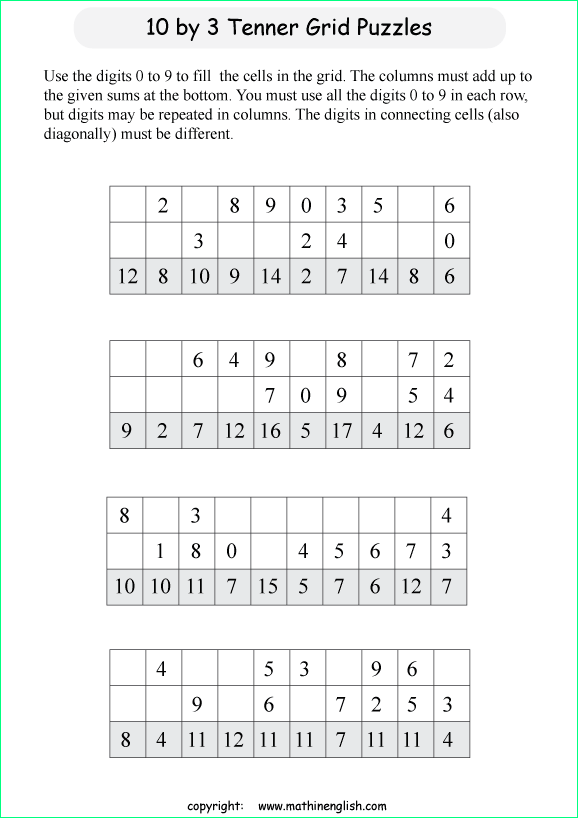 printable 10 by 3 Tenner grids math number and IQ puzzle for kids and math students