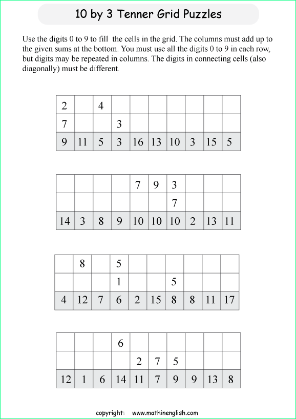 printable 10 by 3 Tenner grids math number and IQ puzzle for kids and math students