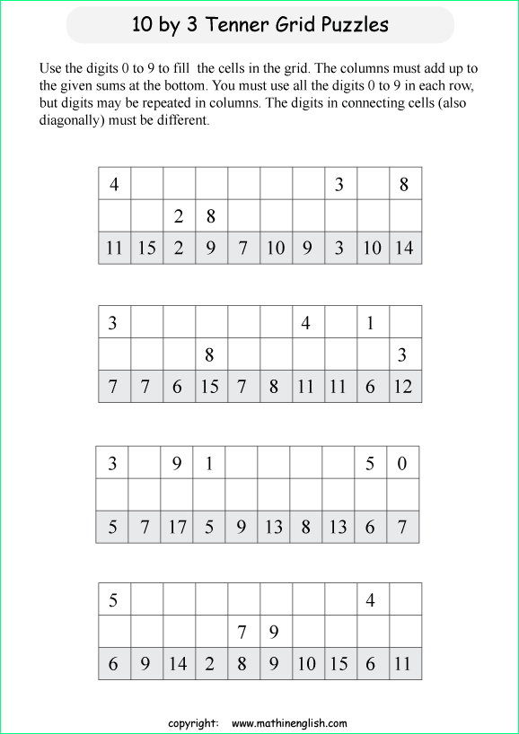 printable 10 by 3 Tenner grids math number and IQ puzzle for kids and math students