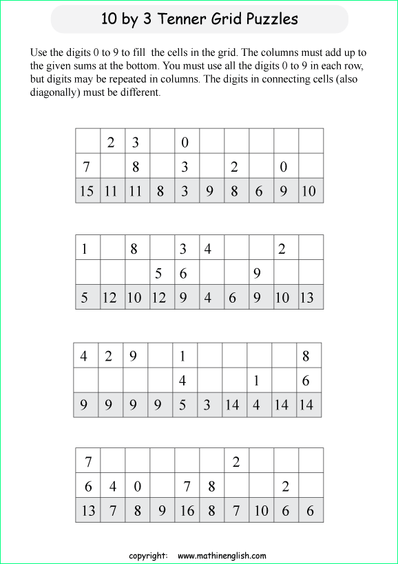 printable 10 by 3 Tenner grids math number and IQ puzzle for kids and math students