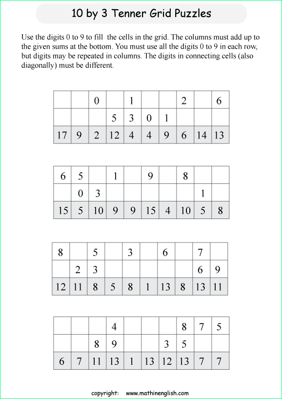 printable 10 by 3 Tenner grids math number and IQ puzzle for kids and math students