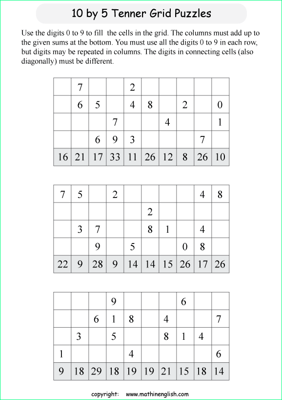 printable 10 by 5 Tenner grids math number and IQ puzzle for kids and math students