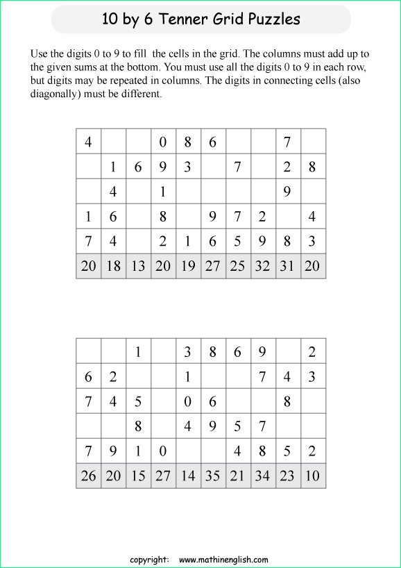 printable 10 by 6 Tenner grids math number and IQ puzzle for kids and math students