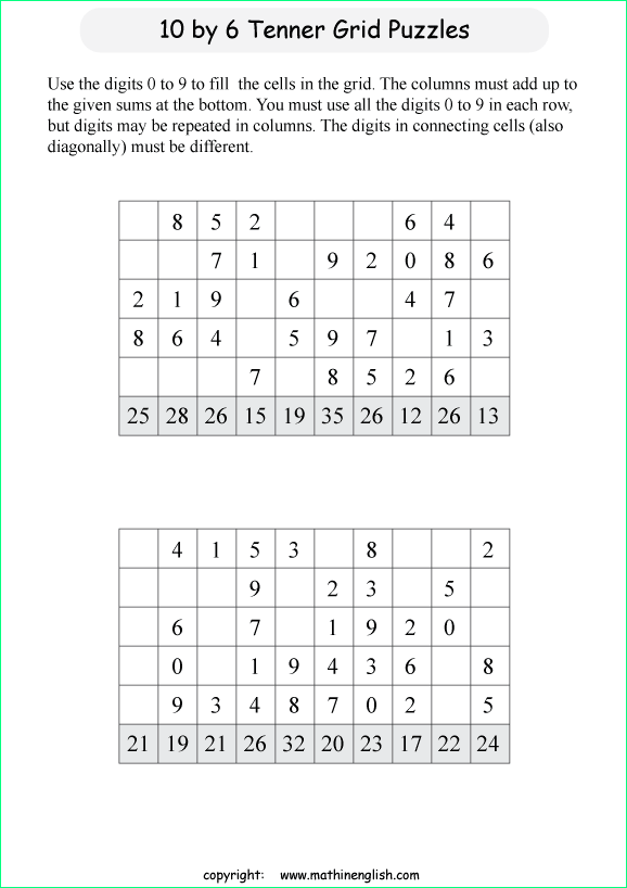 printable 10 by 6 Tenner grids math number and IQ puzzle for kids and math students