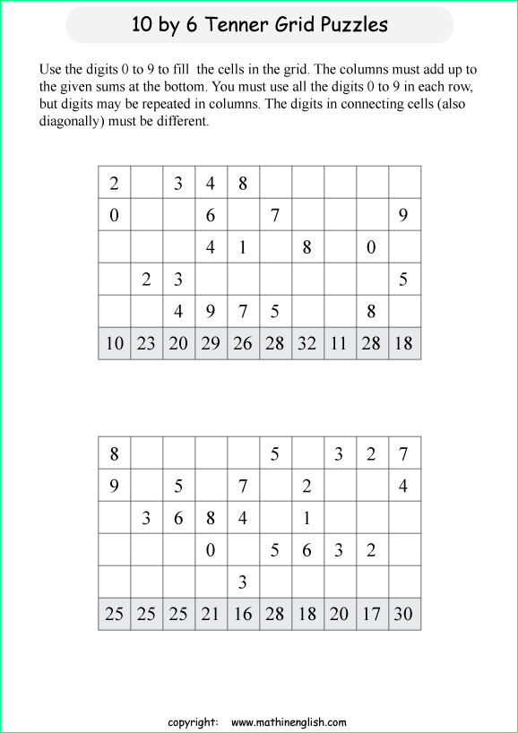 printable 10 by 6 Tenner grids math number and IQ puzzle for kids and math students