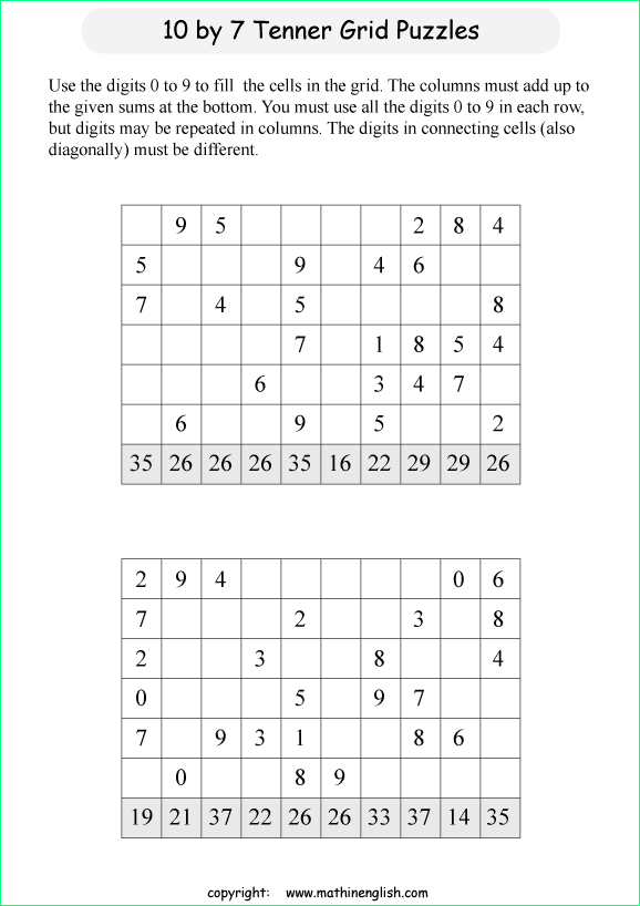 printable 10 by 7 Tenner grids math number and IQ puzzle for kids and math students