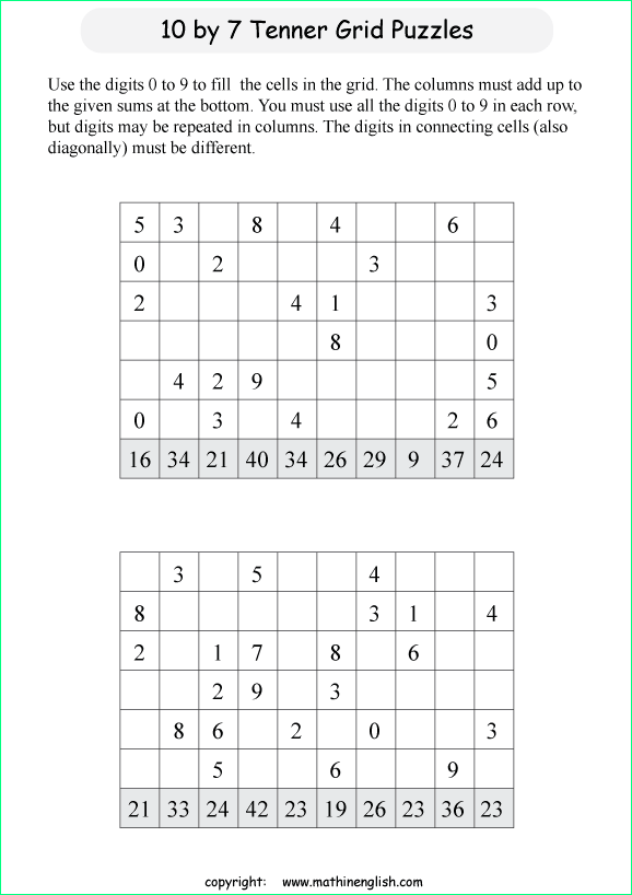 printable 10 by 7 Tenner grids math number and IQ puzzle for kids and math students