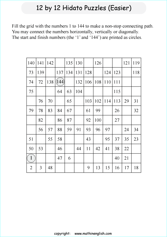 printable 12 by 12 Hidato logic IQ puzzle for kids