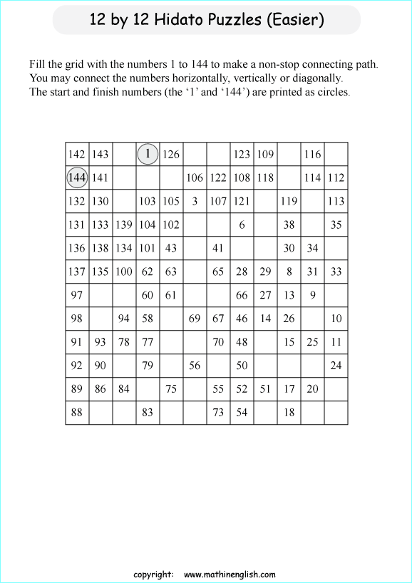 printable 12 by 12 Hidato logic IQ puzzle for kids