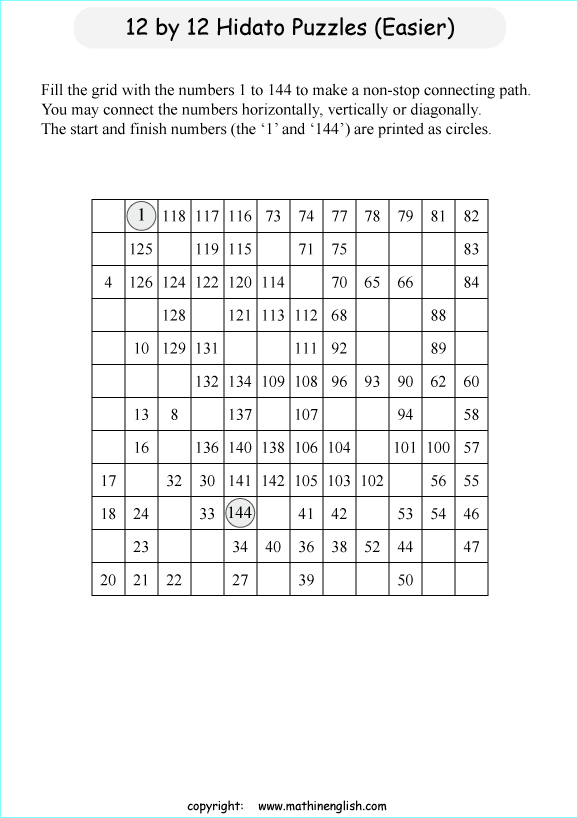 printable 12 by 12 Hidato logic IQ puzzle for kids