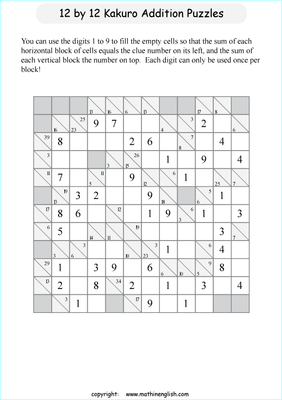 printable 12 by 12 Kakuro addition puzzle for kids