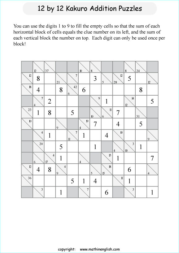printable 12 by 12 Kakuro addition puzzle for kids