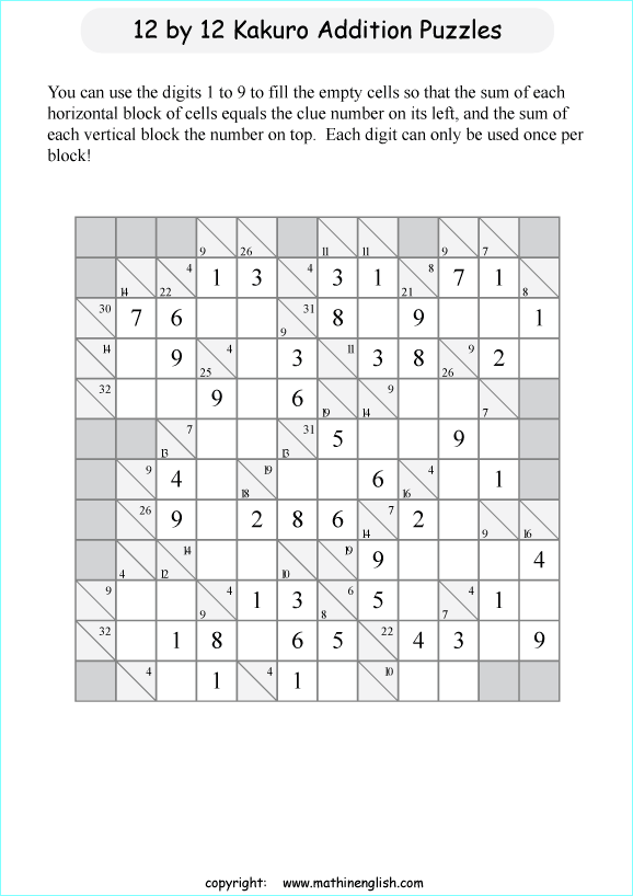 printable 12 by 12 Kakuro addition puzzle for kids