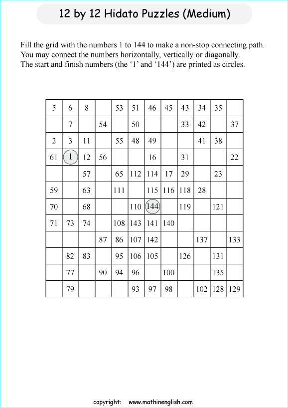 printable 12 by 12 Hidato logic IQ puzzle for kids