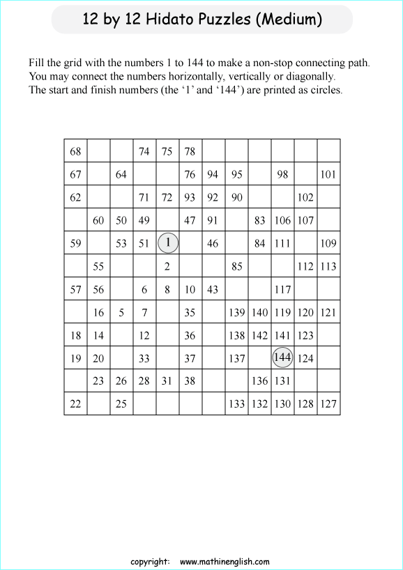 printable 12 by 12 Hidato logic IQ puzzle for kids
