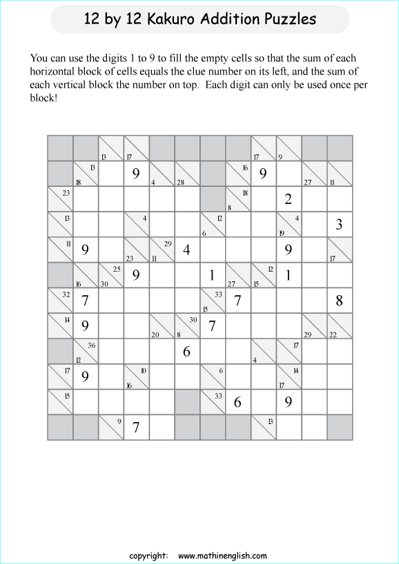 printable 12 by 12 Kakuro addition puzzle for kids