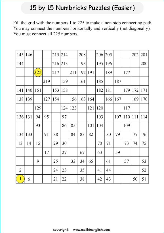 printable 15 by 15 Numbrix IQ number puzzle for kids