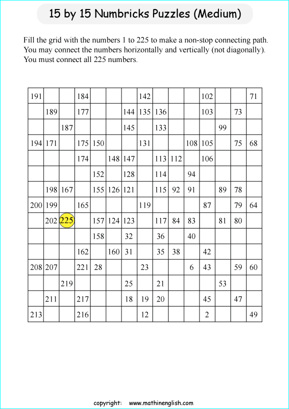 printable 15 by 15 Numbrix IQ number puzzle for kids