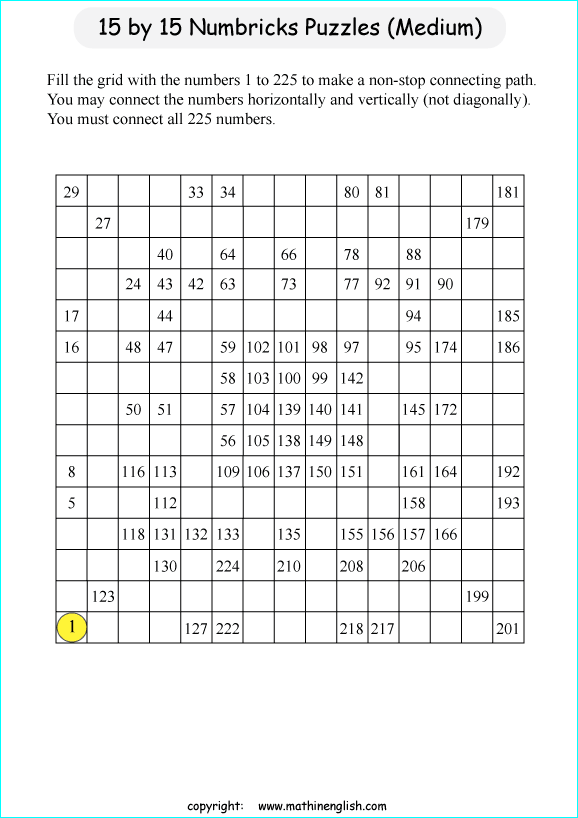 printable 15 by 15 Numbrix IQ number puzzle for kids