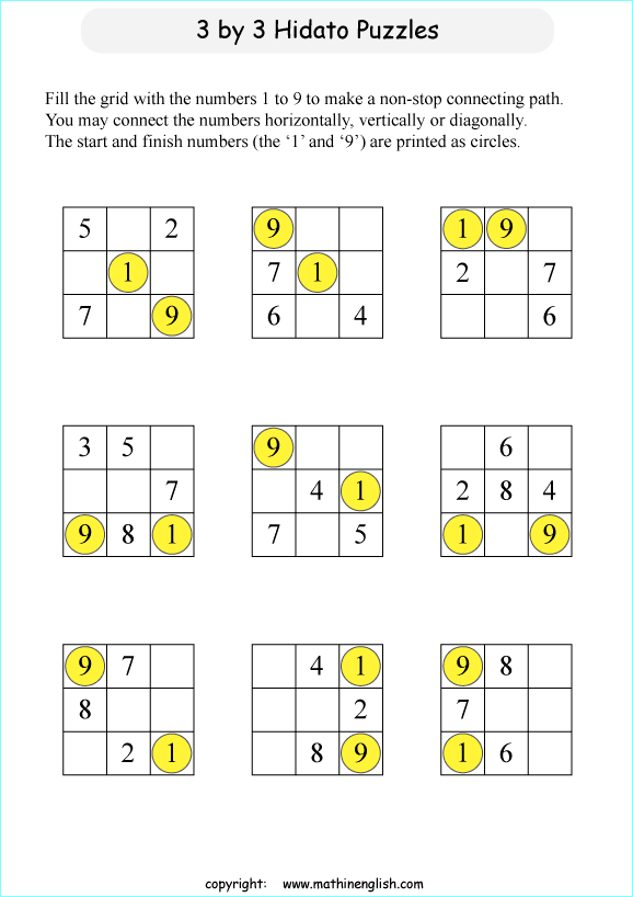 printable easy Hidato logic IQ puzzle for kids