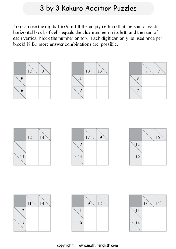 printable Kakuro addition puzzle for kids