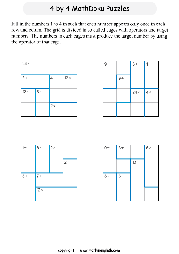 printable 4 by 4 mathdoku math operations puzzle for kids and math students