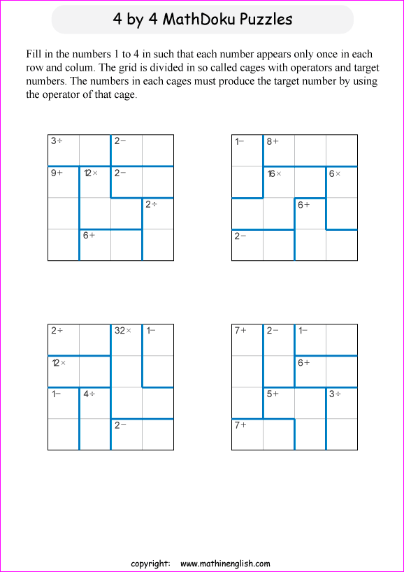 printable 4 by 4 mathdoku math operations puzzle for kids and math students