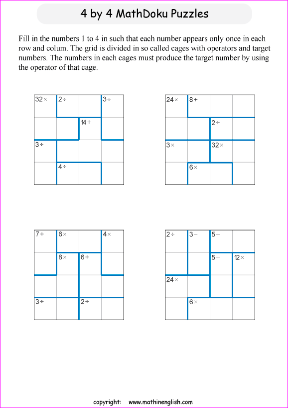 printable 4 by 4 mathdoku math operations puzzle for kids and math students