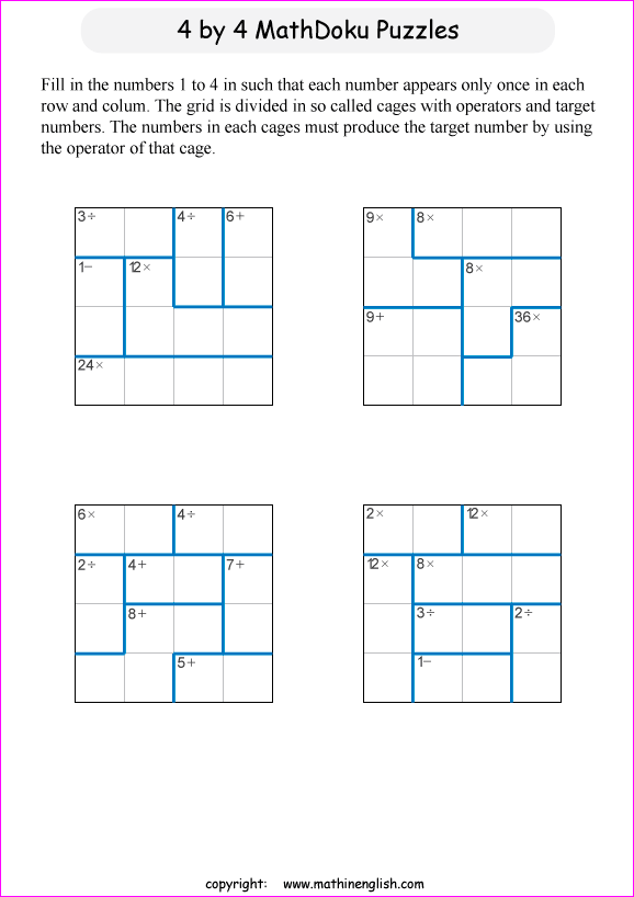 printable 4 by 4 mathdoku math operations puzzle for kids and math students