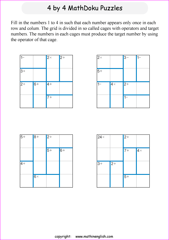 printable 4 by 4 mathdoku math operations puzzle for kids and math students