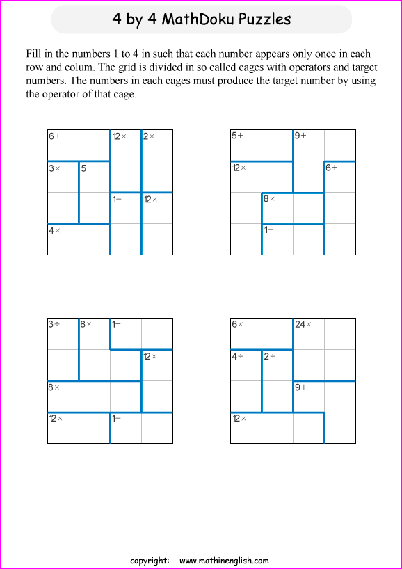 printable 4 by 4 mathdoku math operations puzzle for kids and math students