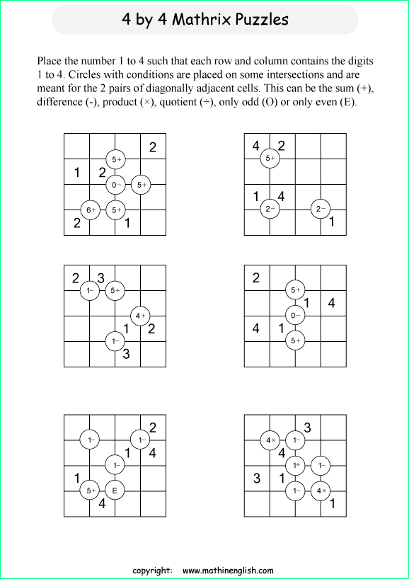 printable 4 by 4 Mathrix math calculation puzzle